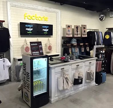 Allegiant promotional display inside a Factorie store