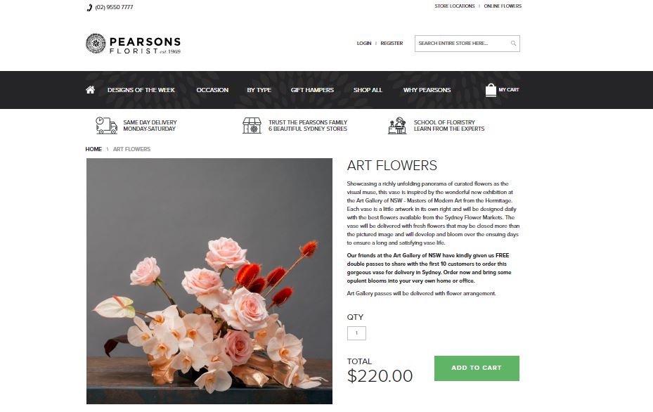 Pearsons Florist website offering an exhibition-inspired bouquet and complimentary exhibition tickets