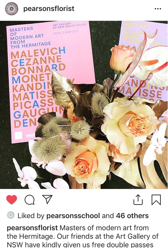 Pearsons Florist Instagram post pairing flowers with Hermitage exhibition materials