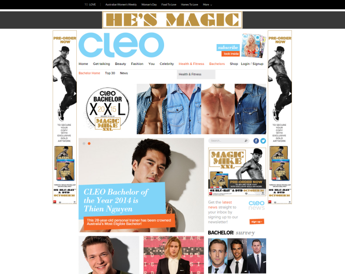 CLEO website featuring Bachelor XXL branding and Magic Mike XXL DVD pre-order advertising